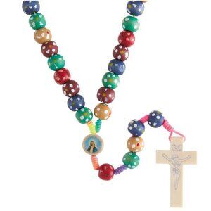 Colorful Polka Dot Flowers Cord Rosary with large wood beads for children